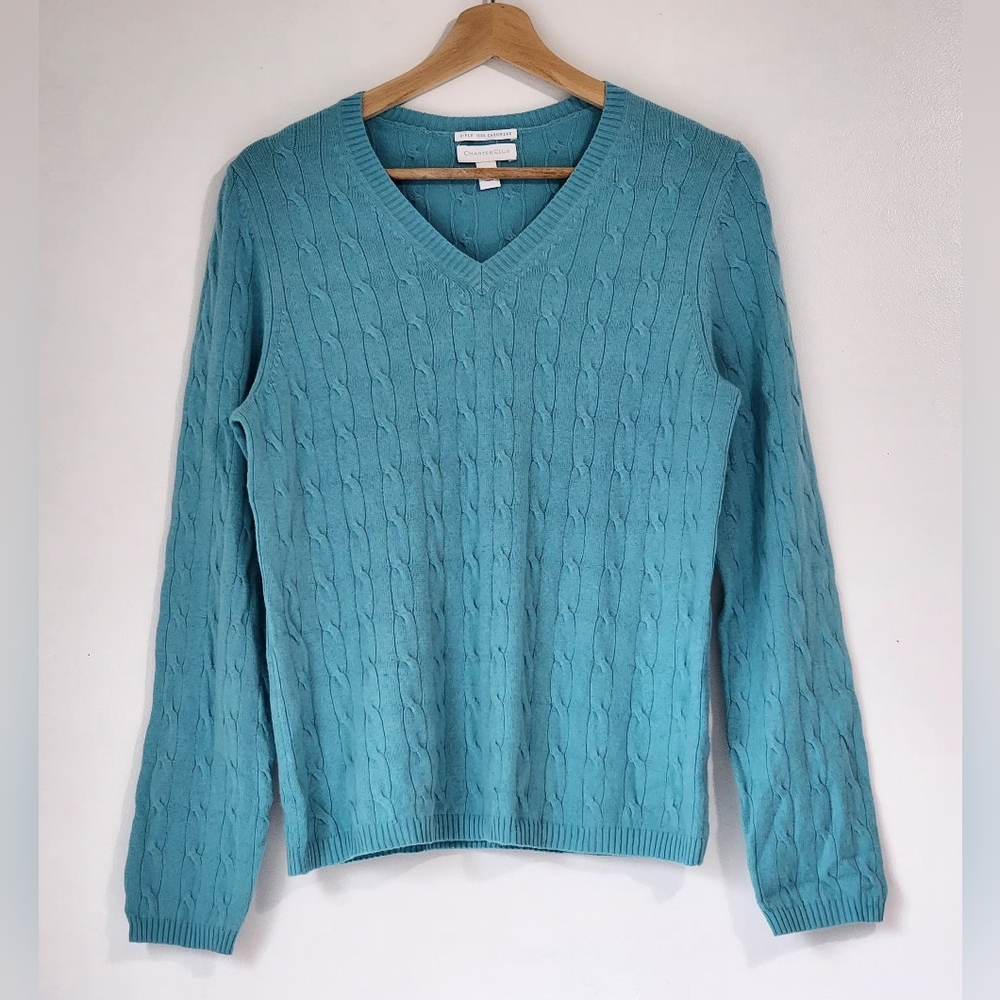 Charter Club 100% Cashmere Sweater Size M V-Neck Teal Blue Luxury Soft Classic